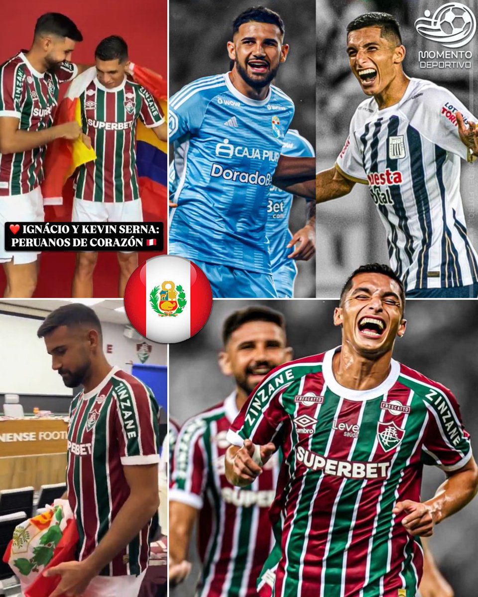 MDeportivope's tweet photo. ❤️🇵🇪 ¡𝗣𝗘𝗥𝗨𝗔𝗡𝗢𝗦 𝗗𝗘 𝗖𝗢𝗥𝗔𝗭𝗢́𝗡! Durante el Media Day del Fluminense, Ignácio da Silva 🇧🇷 (ex Sporting Cristal) llevó una bandera del Perú para posar junto a Kevin Serna 🇨🇴 (ex Alianza Lima), quien también la rompió en su paso por el fútbol peruano.

📸 @FluminenseFC https://t.co/0SHnsrRJ55