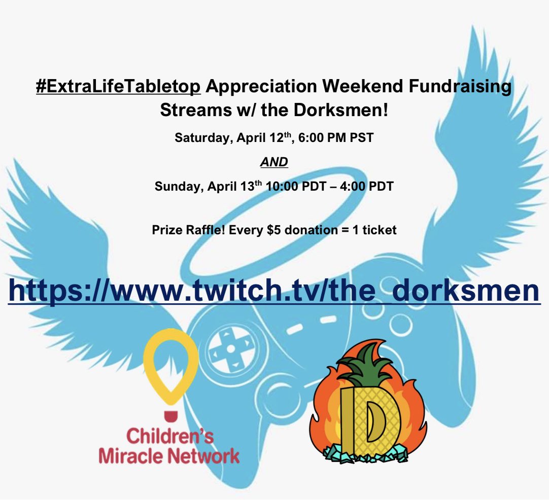 #TableTopWeekend25 through <a href="/ExtraLife4Kids/">Extra Life</a> to benefit <a href="/CMNHospitals/">Children's Miracle Network Hospitals</a> has started! We look forward to joining the festivities tomorrow night and Sunday, and hope you’ll join us! Fun games and prizes while we stream, what’s not to like?! #GamingForGood 

extra-life.org/participant/Th…