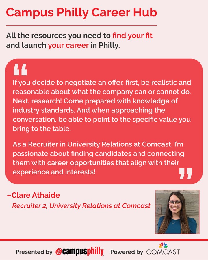 Launch your career in the city with the best lunch-break views. ✨ 

#CampusPhilly's Career Hub, powered by <a href="/comcast/">Comcast</a>, has the tools you need to find your fit in #Philly. This week, get expert insight on negotiating an offer from Clare Athaide: bit.ly/3Ru0EWD