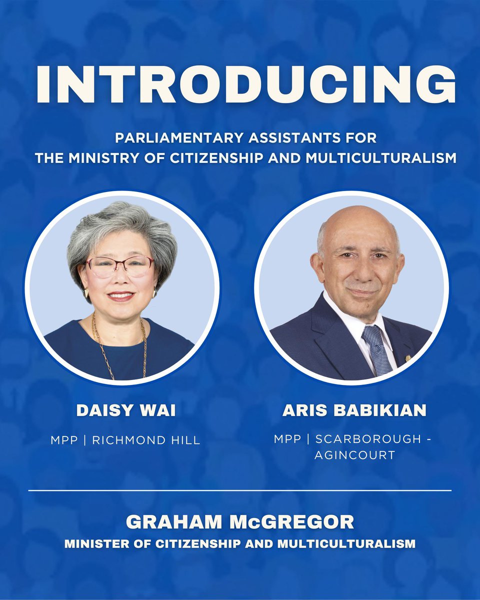 BramptonGraham's tweet photo. I am proud to welcome to the Ministry of Citizenship and Multiculturalism, @DaisyWai_ and @Aris_Babikian as my new parliamentary assistants. 

I am so excited to serve with you both. https://t.co/pBJbex86bl