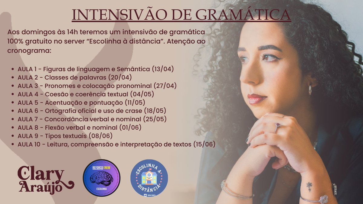 profclaryaraujo's tweet photo. Atenção, turma!!!
Nos próximos domingos estarei fornecendo um intensivão de gramática no server da @escolinhaadstc às 14h, começamos nesse domingo (13), não percam!! https://t.co/JsKXDnJzix