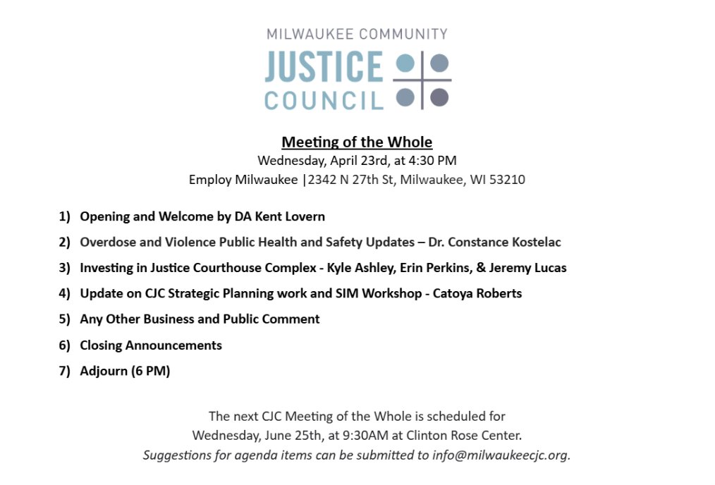MKECJC's tweet photo. The CJC will hold select 2025 Meetings of the Whole in the evenings. Please join us for the next CJC Meeting of the Whole on Wednesday, April 23rd, at 4:30PM at Employ Milwaukee. (2342 N 27th Street) https://t.co/WPrWNCA4HH