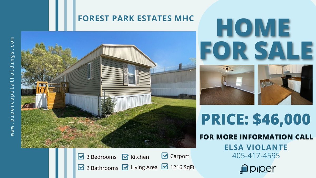 PiperCapital's tweet photo. JUST LISTED in OKC!
 
Payments as low as $446!
3 Bed | 2 Bath | 1216 sq ft
Forest Park Estates MHC
New flooring, cabinets, countertops &amp; appliances
Primary bath w/ garden tub

📞 Elsa: (405)-417-4595
✉️ sales@forestparkestatesmhc.com
🌐 Visit: https://t.co/mNmmXGJVOV https://t.co/yAZiRNBd5z