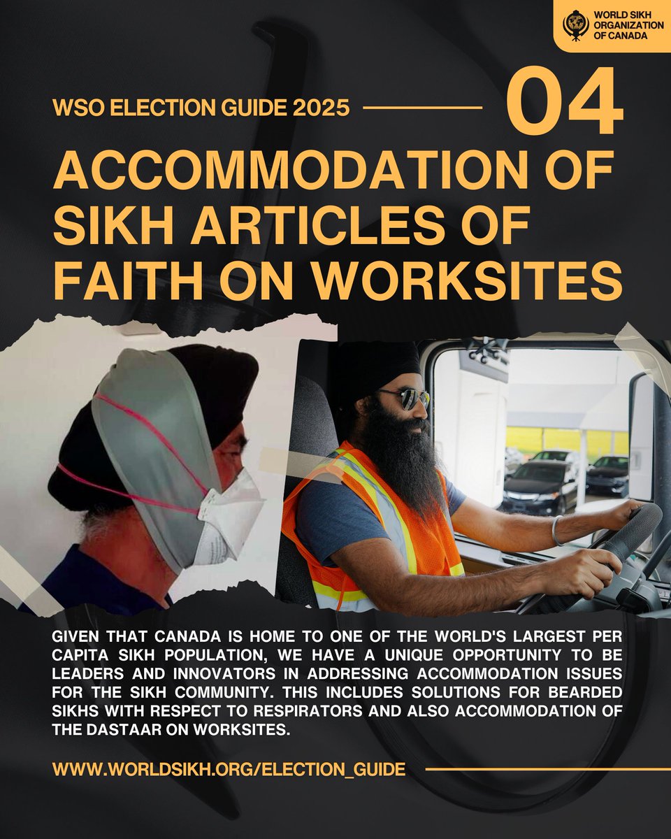 WorldSikhOrg's tweet photo. The fourth issue in our election guide: Accommodation of Sikh Articles of Faith on Worksites.

WSO recommends legislative clarity and nationwide harmonization regarding Sikh religious accommodations in workplaces, including respirator and hardhat exemptions. It proposes an innovation fund for developing safety equipment compatible with Sikh religious requirements and specialized training for Occupational Health & Safety personnel.

Read the full guide: https://t.co/Do7Grd7HBF