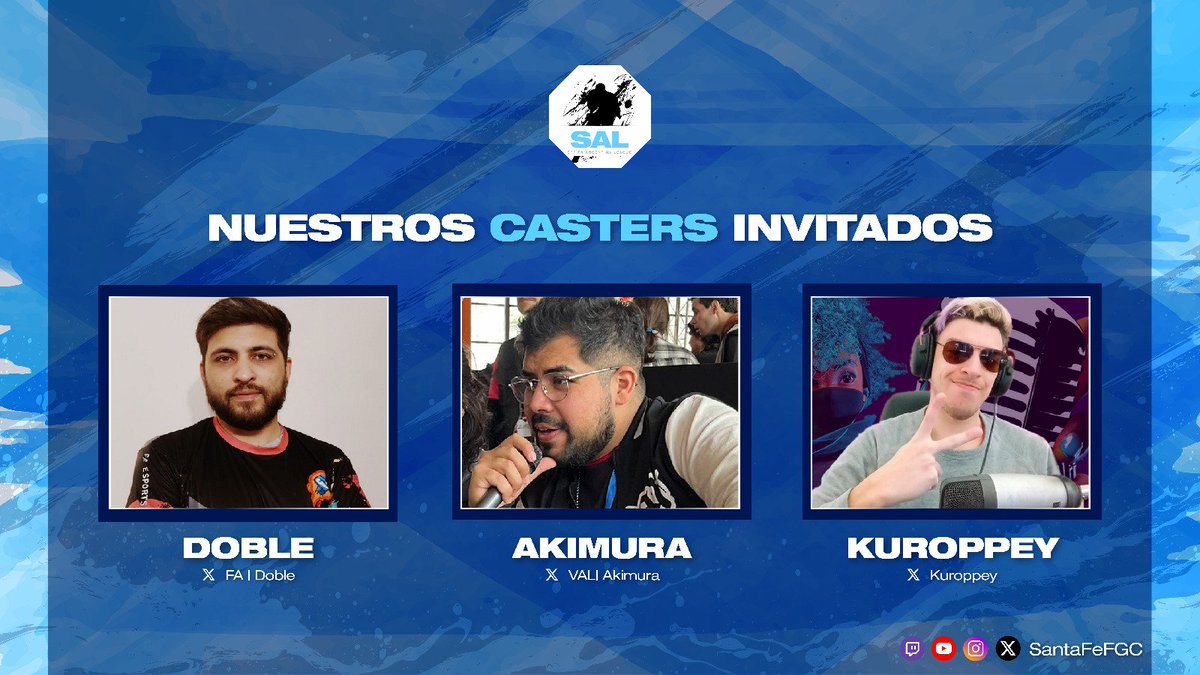 SantaFeFGC's tweet photo. El último clasificatorio de SAL contará con los casters @DobleBait y @Akimura_A 🎙️, dos viejos conocidos de la liga.
Y como gran novedad, se suma @Kuroppey 🔥, uno de los youtubers más reconocidos de la escena nacional.

📺 https://t.co/e9ZHUXmRUE
🗓️ 13/04 - ⏰ 20:00h https://t.co/biS2DsCVwk