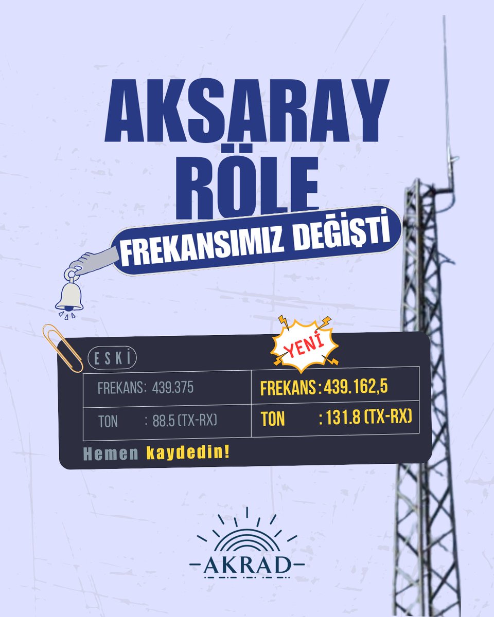 AkradTR's tweet photo. Aksaray röle frekansımız değişti.

ESKİ röle bilgileri:
439.375 mhz (Ton:88.5 tx-rx)

Aksaray YENİ röle bilgileri:
439.1625 mhz (Ton:131.8  tx-rx)

Yurt geneli AKRAD röle bilgilerini takip edebilirsiniz.
👇
https://t.co/c7PjGlYbrA

#akrad #röle #telsiz #frekans #aksaray #türkiye https://t.co/1ca0byULHf