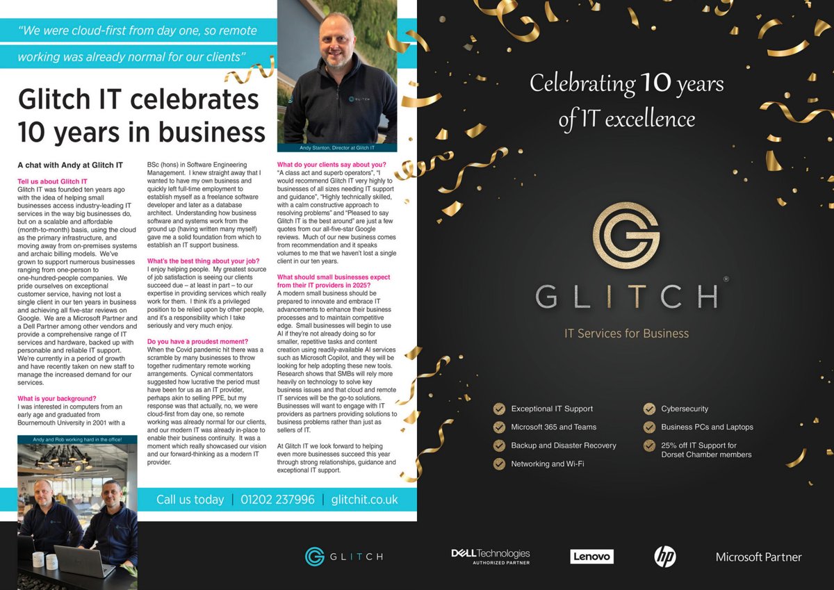 🎉 Celebrating 10 Years of Glitch IT! 🎉

Thank you to everyone who has been part of our journey so far.

See our article in this month’s <a href="/DorsetChamber/">Dorset Chamber</a>  Dorset Business Focus magazine: issuu.com/mags4dorset/do…

#GlitchIT #10YearsInBusiness #Milestones #ITSupport #MicrosoftPartner