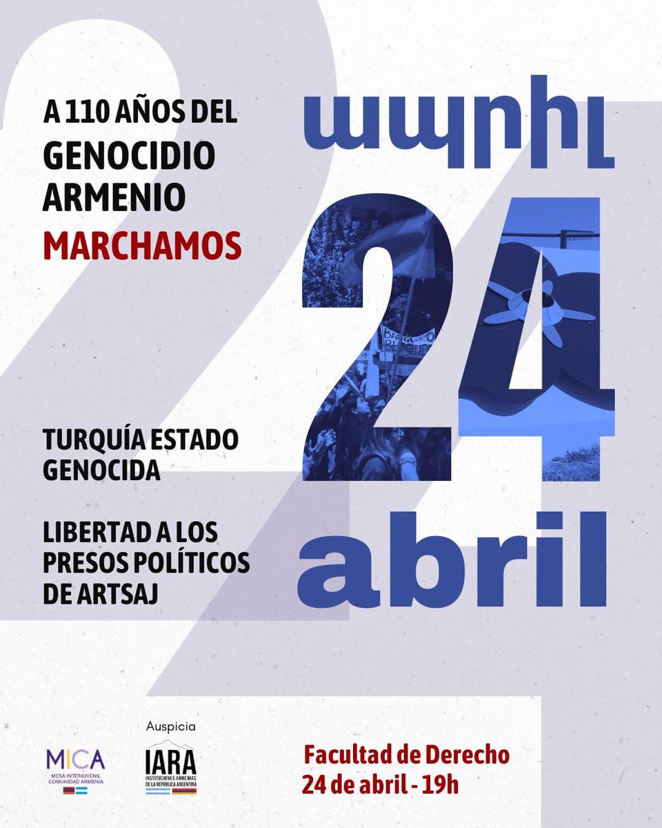mica_armenia's tweet photo. 📣 Marcha a 110 años del Genocidio Armenio
🌸 El proximo 24 de abril se cumplen 110 años del comienzo del genocidio  en el que fueron asesinados más de 1.500.000 armenios. A mas de un siglo, Turquia continúa negándo.
📅 24 de abril, 19hs, Facultad de Derecho #nuncamasgenocidios https://t.co/jyIgpMKhrK