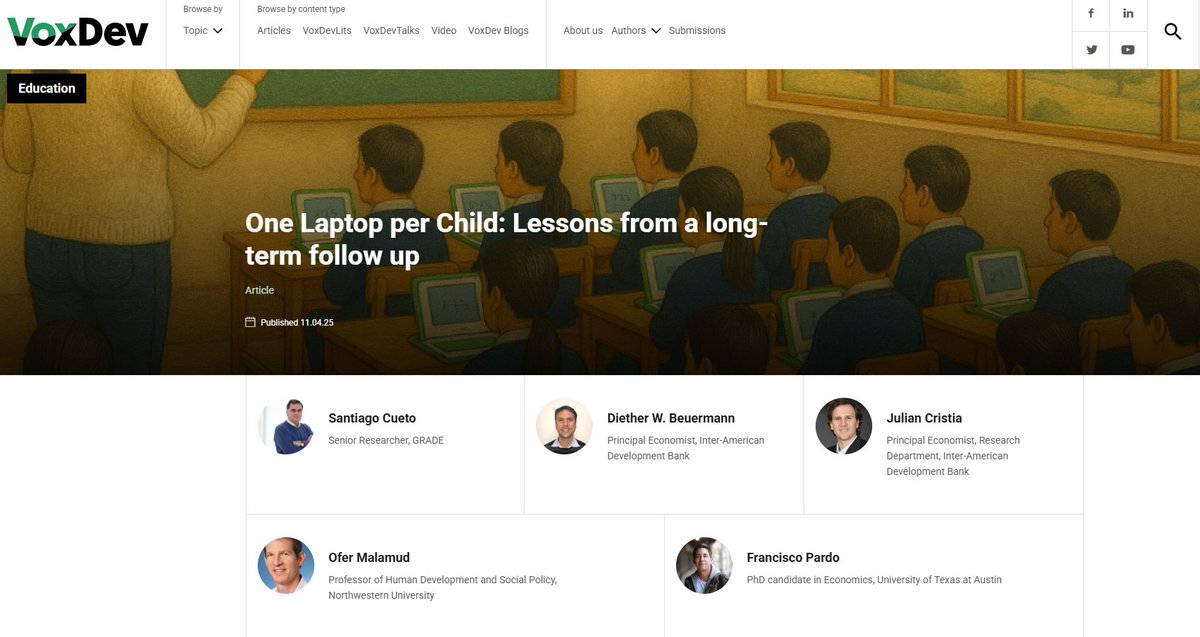 GRADEPeru's tweet photo. Nuestro investigador @SantiagoCueto6 y Co. escriben sobre las lecciones de un seguimiento a largo plazo del programa #OLPC. Reflexionan sobre la importancia de comprender mejor cómo utilizar los recursos tecnológicos en escuelas y hogares para mejorar los resultados educativos. https://t.co/tAROwTnBey