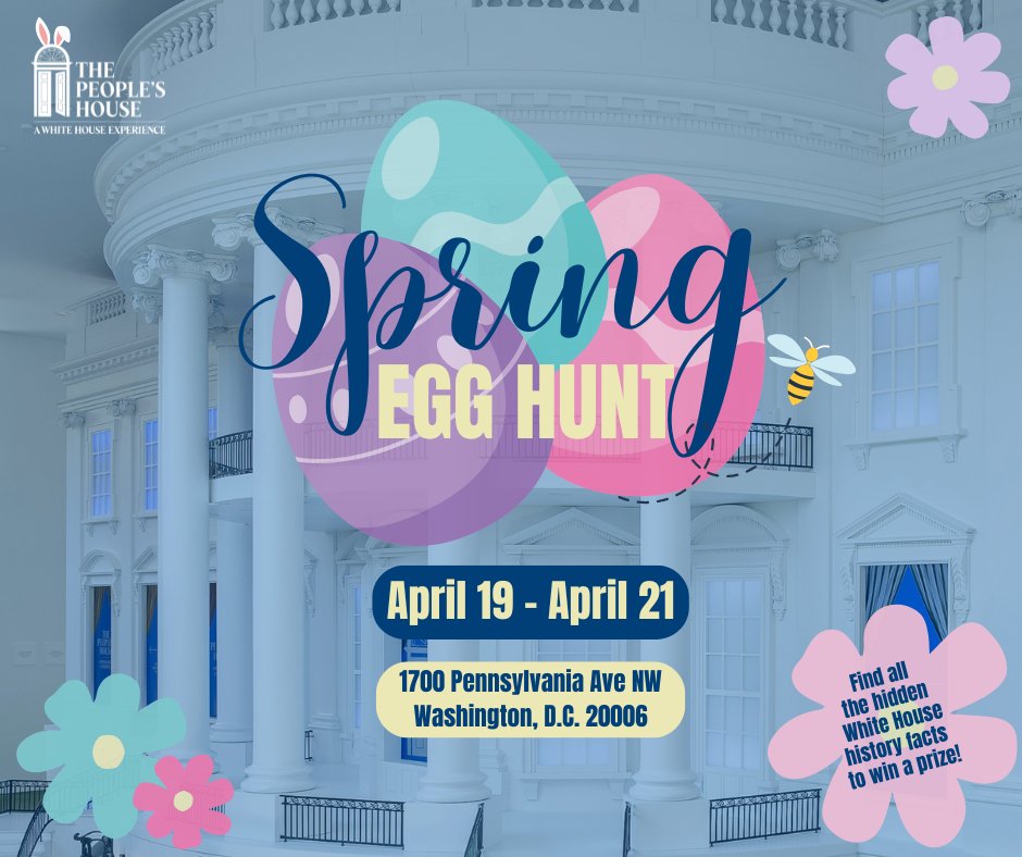 From 4/19 through 4/21, kids 14 and under can search for different facts about White House history hidden throughout The People's House for a chance to win a prize. Prizes are limited to one per child, while supplies last. 🐣🐰

Reserve passes today! thepeopleshouse.org/passes