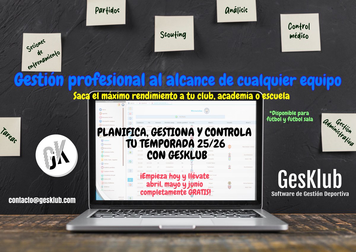🔝 Gestión profesional al alcance de cualquier equipo.

Planifica, gestiona y controla tu temporada 25/26 con GesKlub. ¡Saca el máximo rendimiento a tu club, academia o escuela! ⚽

📅 ¡Empieza hoy y llévate abril, mayo y junio GRATIS!
 
📩contacto@gesklub.com

#GesKlub #Futbol