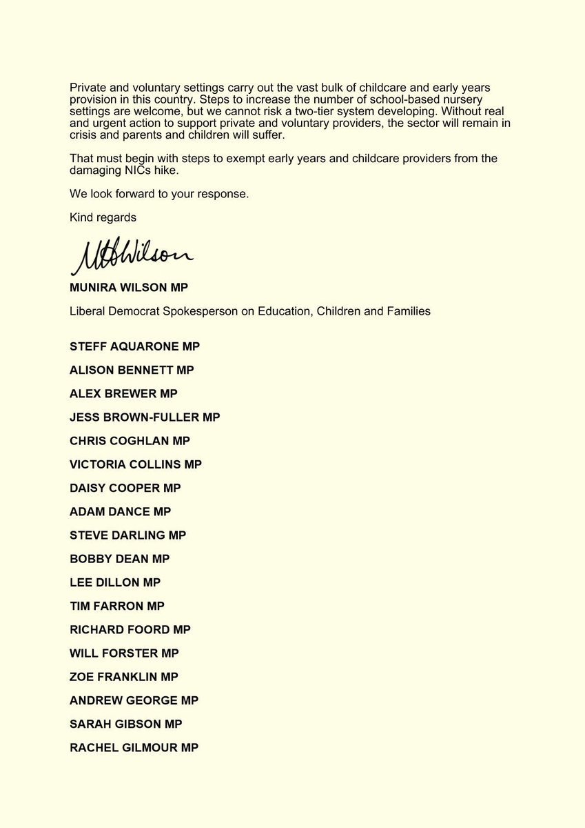 munirawilson's tweet photo. The Government's National Insurance rise has put early years and childcare providers in crisis.

I and @LibDems colleagues have written to @bphillipsonMP calling for urgent action to ensure nurseries across the country don't shut down leaving families in the lurch. https://t.co/YHBYLP3RDt