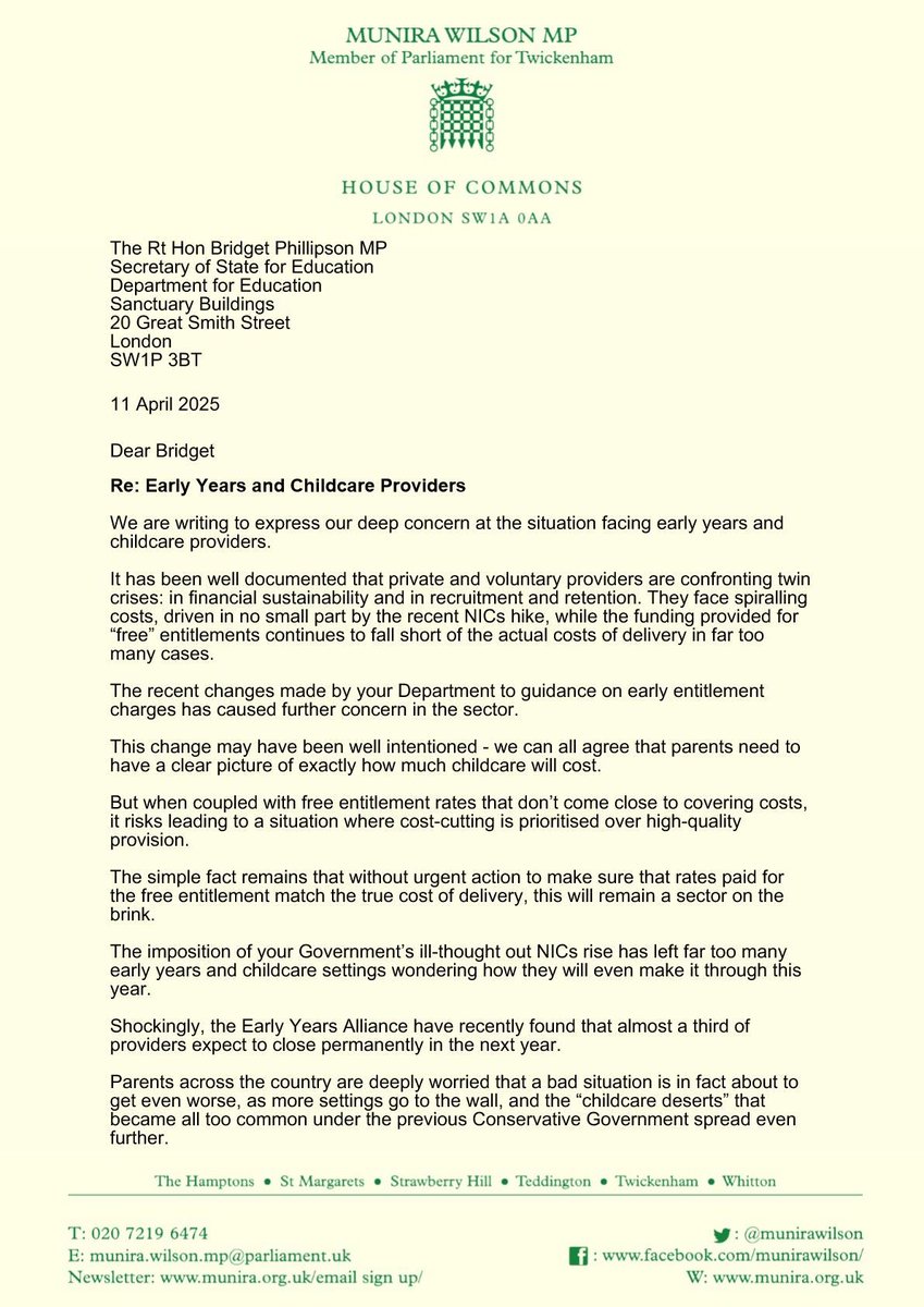 munirawilson's tweet photo. The Government's National Insurance rise has put early years and childcare providers in crisis.

I and @LibDems colleagues have written to @bphillipsonMP calling for urgent action to ensure nurseries across the country don't shut down leaving families in the lurch. https://t.co/YHBYLP3RDt