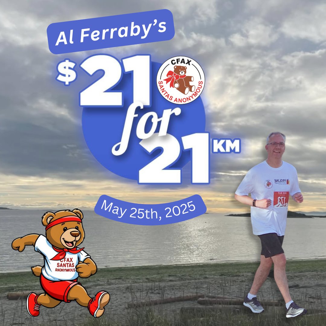 Support Al’s $21 for 21km Challenge! 💥

Since 2014, Al’s $21 for 21km has raised over $330,500 for CFAX Santas Anonymous, helping local kids in need. 

👉 Visit Al’s personal giving page on Canada Helps: canadahelps.org/en/pages/als-2… to donate and make an impact!