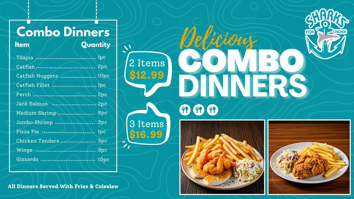sharksfish3400's tweet photo. Craving the ultimate combo? Dive into flavor at Sharks Fish &amp; Chicken! Mix &amp; match Catfish Nuggets, Jumbo Shrimp, Wings, Gizzards &amp; more — all served with fries &amp; coleslaw!

✅ 2 items for $12.99
✅ 3 items for $16.99

#ComboDinners #ChickenAndFishCombo #MixAndMatch https://t.co/2zAX9hJKEc