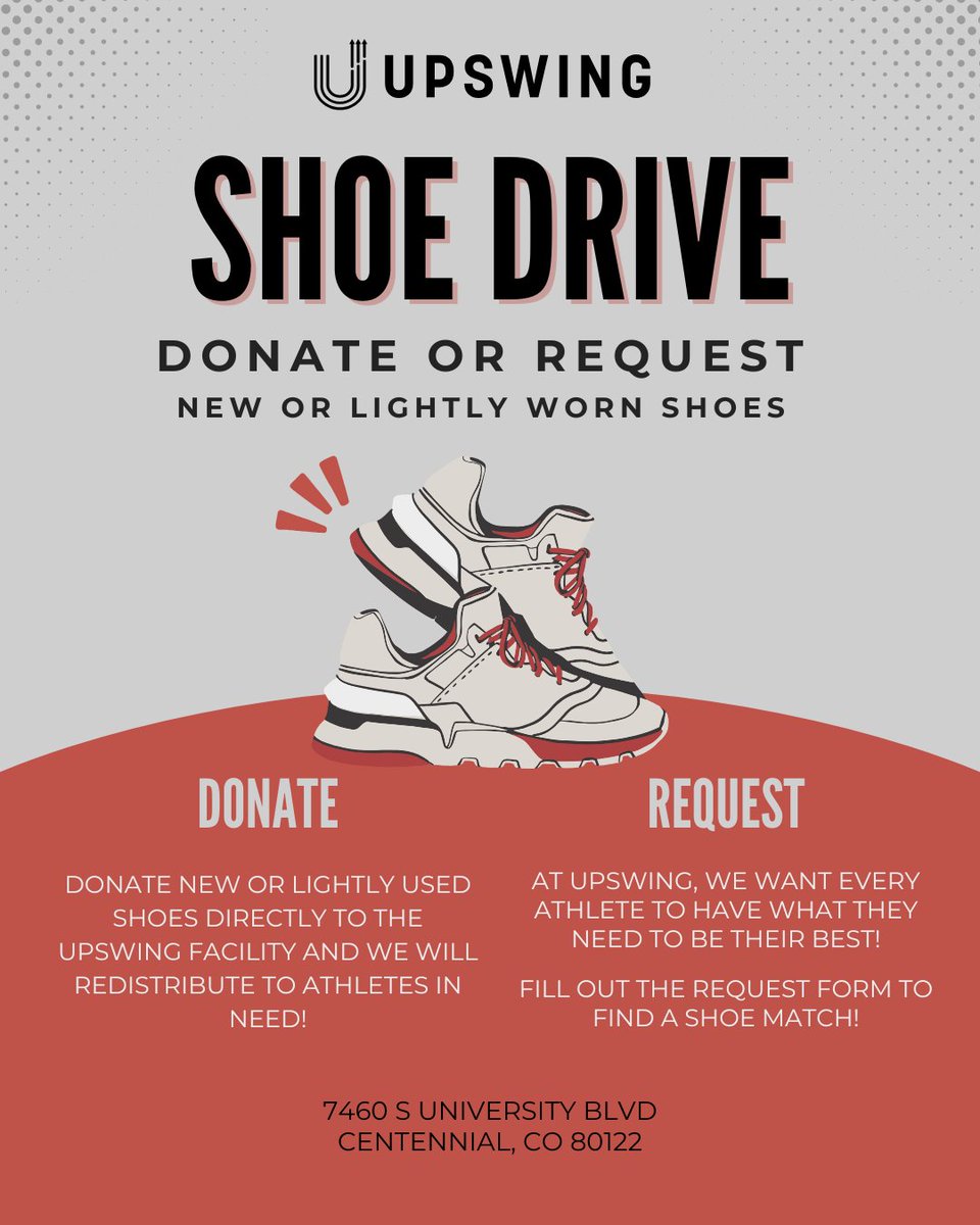 Be a part of UPSWING's Shoe Drive! To donate new or lightly worn shoes, simply drop them by our UPSWING facility and hand them to a team member at the front desk! To request a pair of shoes, just fill out the request form using this link: docs.google.com/forms/d/1mqnQC…