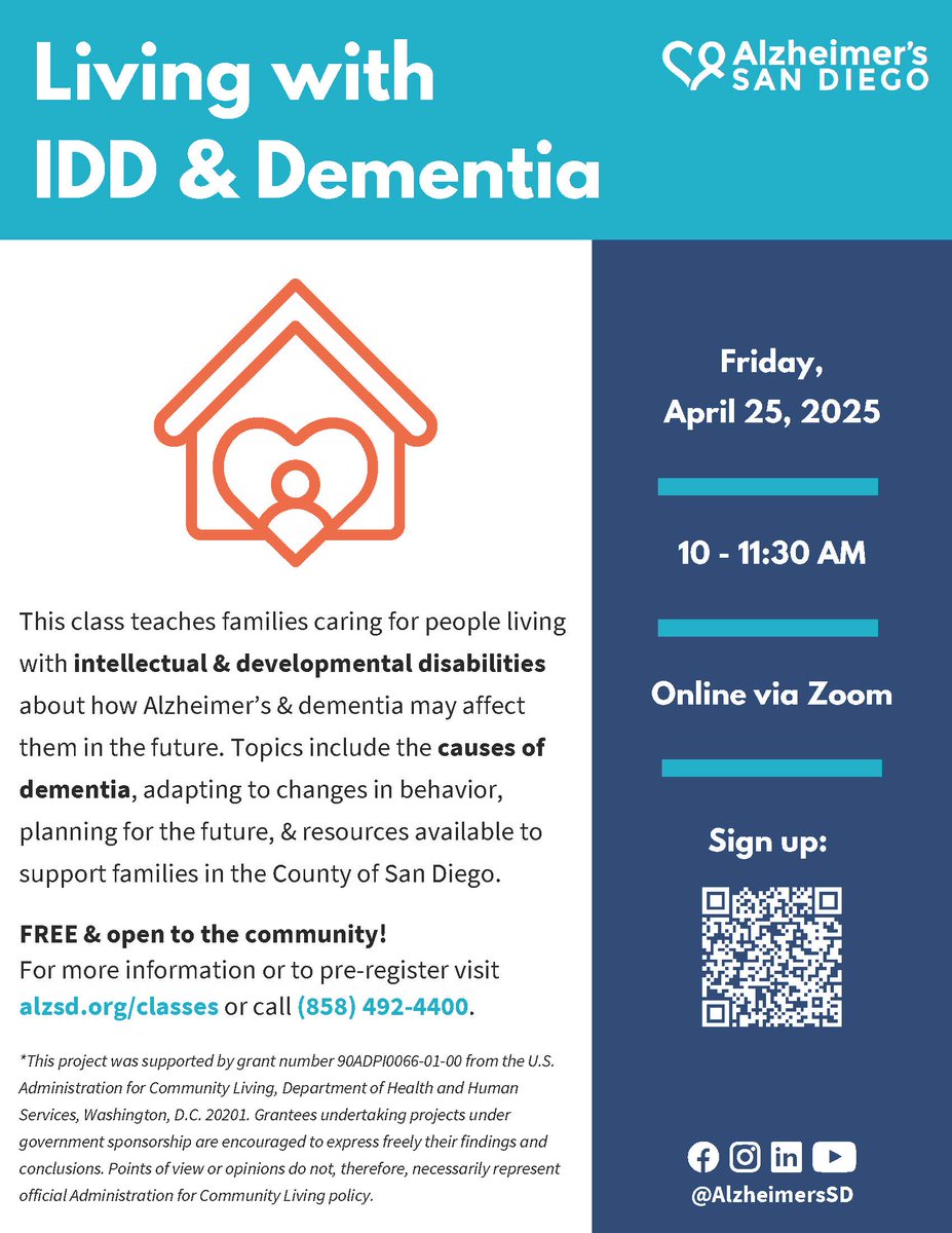 Join <a href="/AlzheimersSD/">Alzheimer’s San Diego</a> for a free class! As a family member of someone with an intellectual or developmental disability, learn how Alzheimer’s or dementia may affect them &amp; how you can best support them.

📅 April 25
⏰ 10am-11:30am
💻 On Zoom

Sign up: alzsd.org/classes