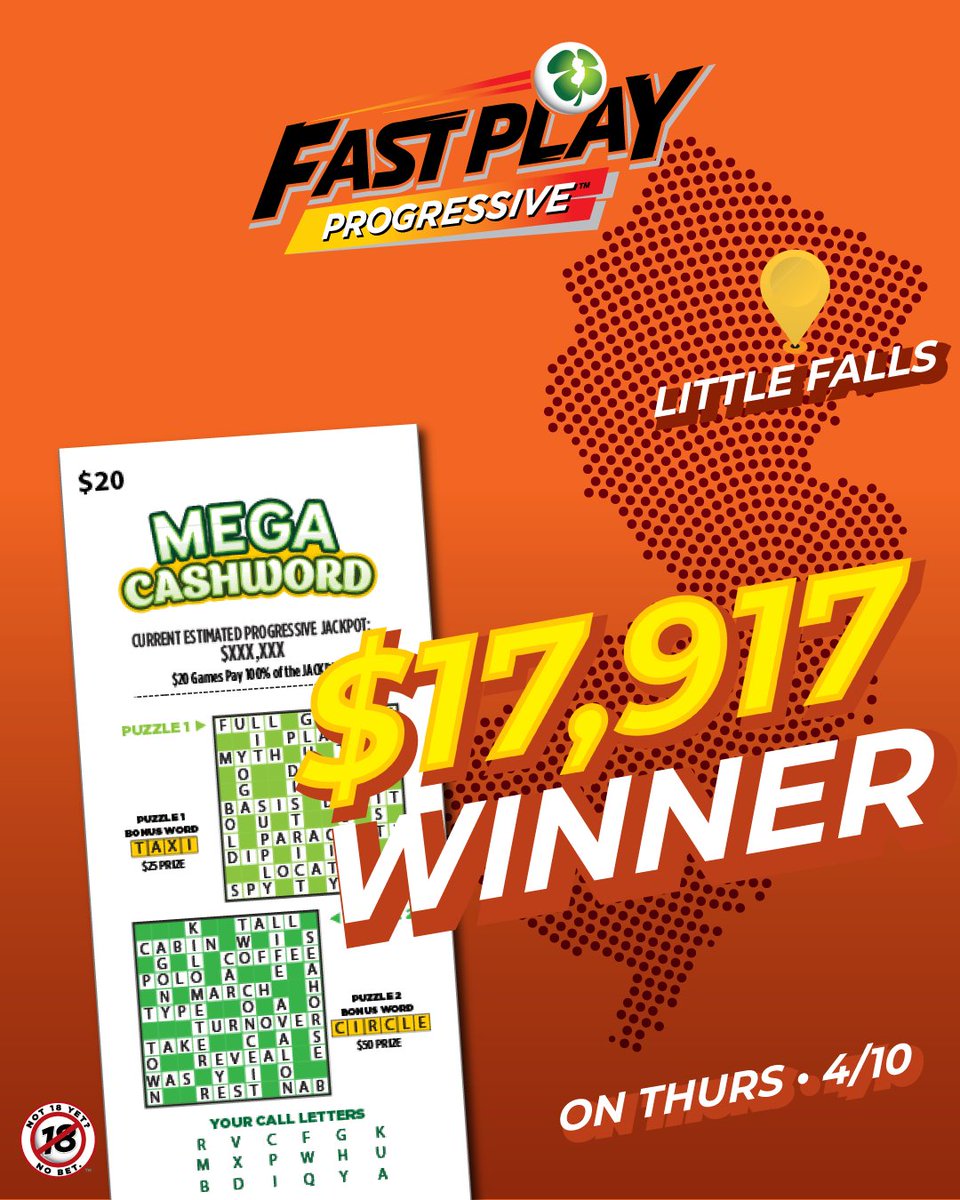 NJLottery's tweet image. ✨A $20 Mega Cashword #FastPlayProgressive ticket won $17,917 (100% of the Progressive Jackpot) yesterday (4/10) at Quick Run Food Store in Little Falls on Main Street! Are you playing #FastPlayProgressive?! For Fast Play Progressive game odds, visit NJLottery.com/FastPlay. 🍀