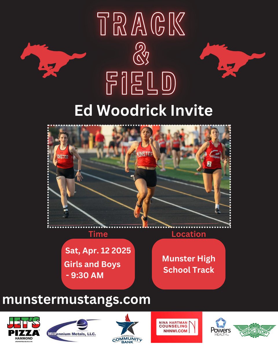 Munster_Sports's tweet photo. TRACK & FIELD ALERT!
Mustang Boys & Girls host the Ed Woodrick Invite TOMORROW!
🕤 9:30 AM start
🎟️ $7 tickets → https://t.co/SDSPYRfzPU
Concessions available
Come out, rep Munster, & bring the energy!
#MustangTrack #EdWoodrickInvite #GoMustangs
Graphics: Athletic Dept. Interns https://t.co/5GYxZVCEgg