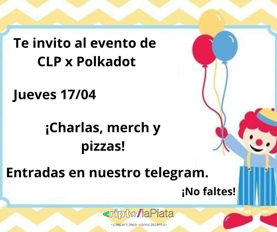 ¡Tenemos un evento! 🔥

Obvio vos no podés faltar.💚

<a href="/CriptoLaPlata_/">CriptoLaPlata 🟢⚪️🟣</a> y <a href="/PolkadotEspanol/">Polkadot en Español</a> se unen para un encuentro épico: lleno de conocimiento, buens charla y pizza 🍕✨

🗓 17 de abril
🕖 7 PM

¡Sumate a Telegram para tener tu entrada! 🎟️
t.me/criptolaplata/1