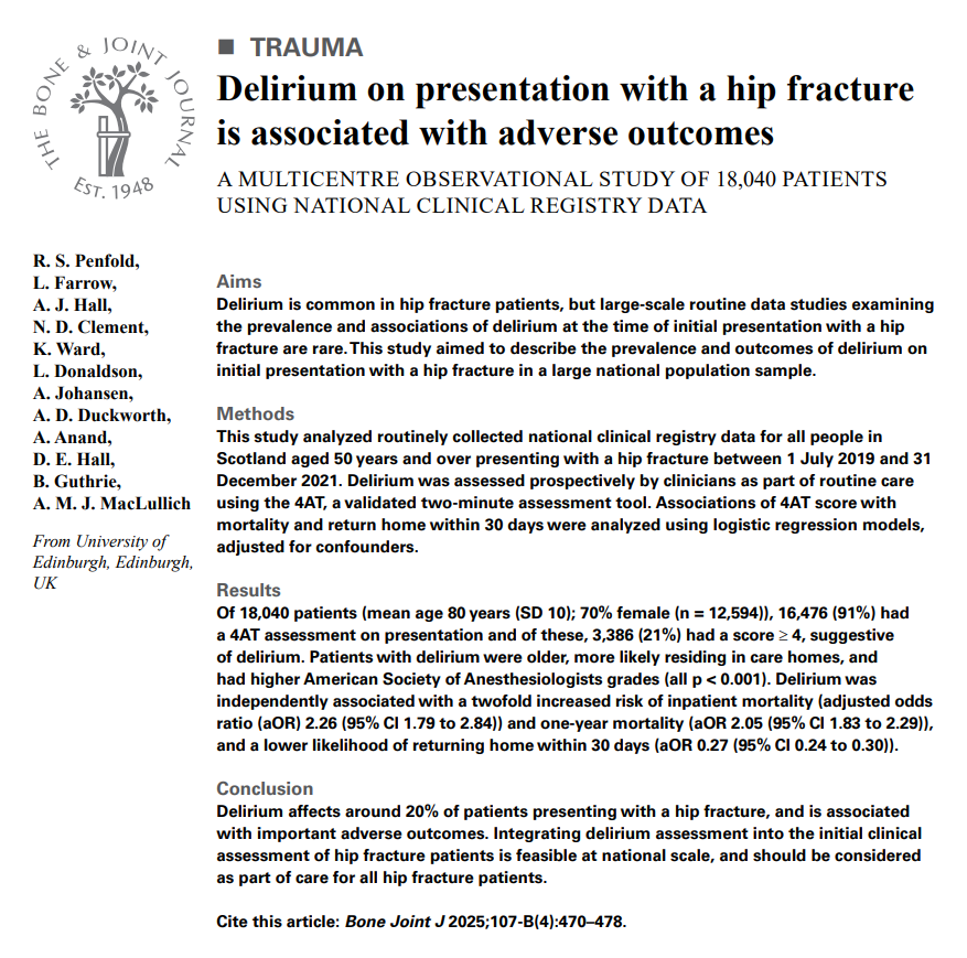 Alasdair MacLullich (@a_maclullich) on Twitter photo ⁉️ Think it's impossible to achieve high rates of DELIRIUM screening?
Think again:
⭐️ 91% completion of 4AT
⭐️ hip fracture patients
⭐️ whole of Scotland data
⭐️ N=18,040
#delirium
<a href="/rosespenfold/">Rose Penfold</a> <a href="/andrewhallortho/">Andrew Hall 🦴🔨 ⚽️ 🏉 🩺</a> <a href="/KarenAdam13/">Karen Adam</a> <a href="/NIDUS_Delirium/">NIDUS Delirium Network</a> <a href="/geri_doc/">Ken Covinsky</a> <a href="/WesElyMD/">WesElyMD</a> ⁉️ Think it's impossible to achieve high rates of DELIRIUM screening?
Think again:
⭐️ 91% completion of 4AT
⭐️ hip fracture patients
⭐️ whole of Scotland data
⭐️ N=18,040
#delirium
<a href="/rosespenfold/">Rose Penfold</a> <a href="/andrewhallortho/">Andrew Hall 🦴🔨 ⚽️ 🏉 🩺</a> <a href="/KarenAdam13/">Karen Adam</a> <a href="/NIDUS_Delirium/">NIDUS Delirium Network</a> <a href="/geri_doc/">Ken Covinsky</a> <a href="/WesElyMD/">WesElyMD</a>