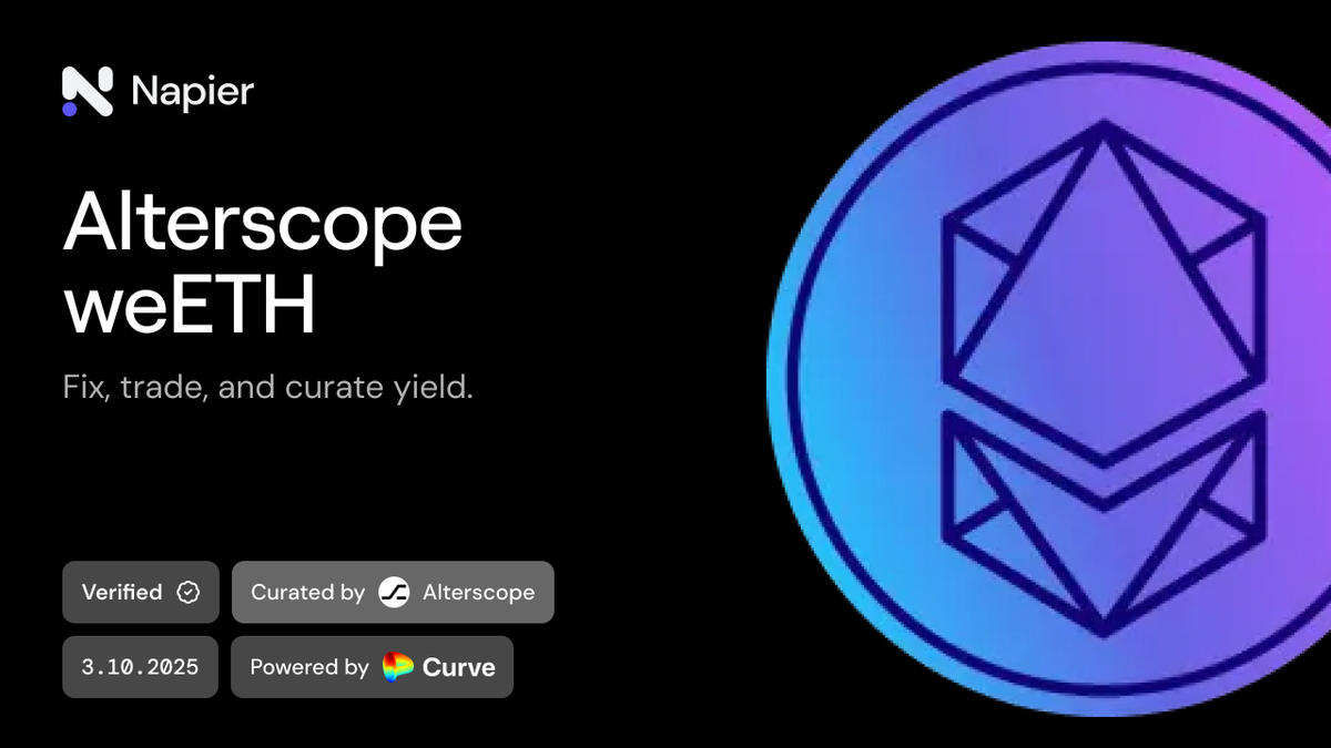NapierFinance's tweet photo. By community request, you can now trade weETH on Napier Finance.

weETH (Oct 3 2025).
Curated by Alterscope.
On Ethereum. https://t.co/jKOdsYfGQf