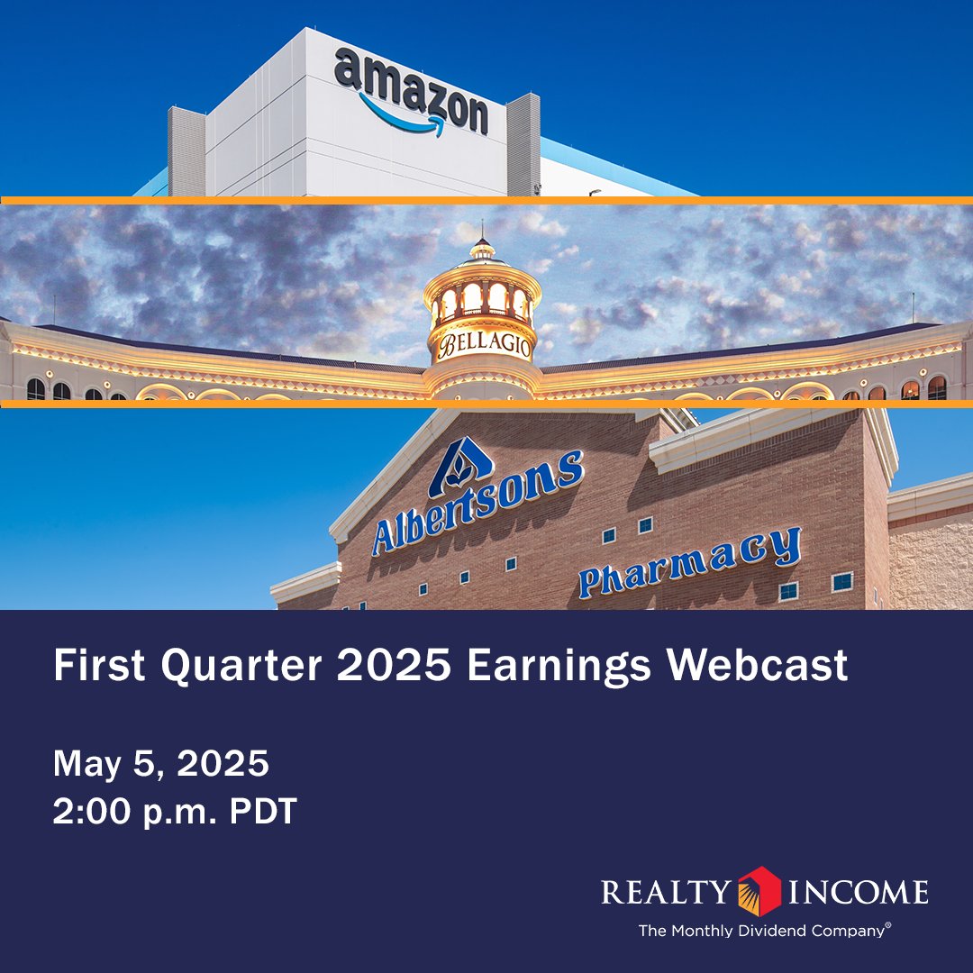 Realty Income will release its first quarter 2025 operating results and host an investor conference call on May 5, 2025. 

Learn more: ow.ly/zBBm50Vz5p2