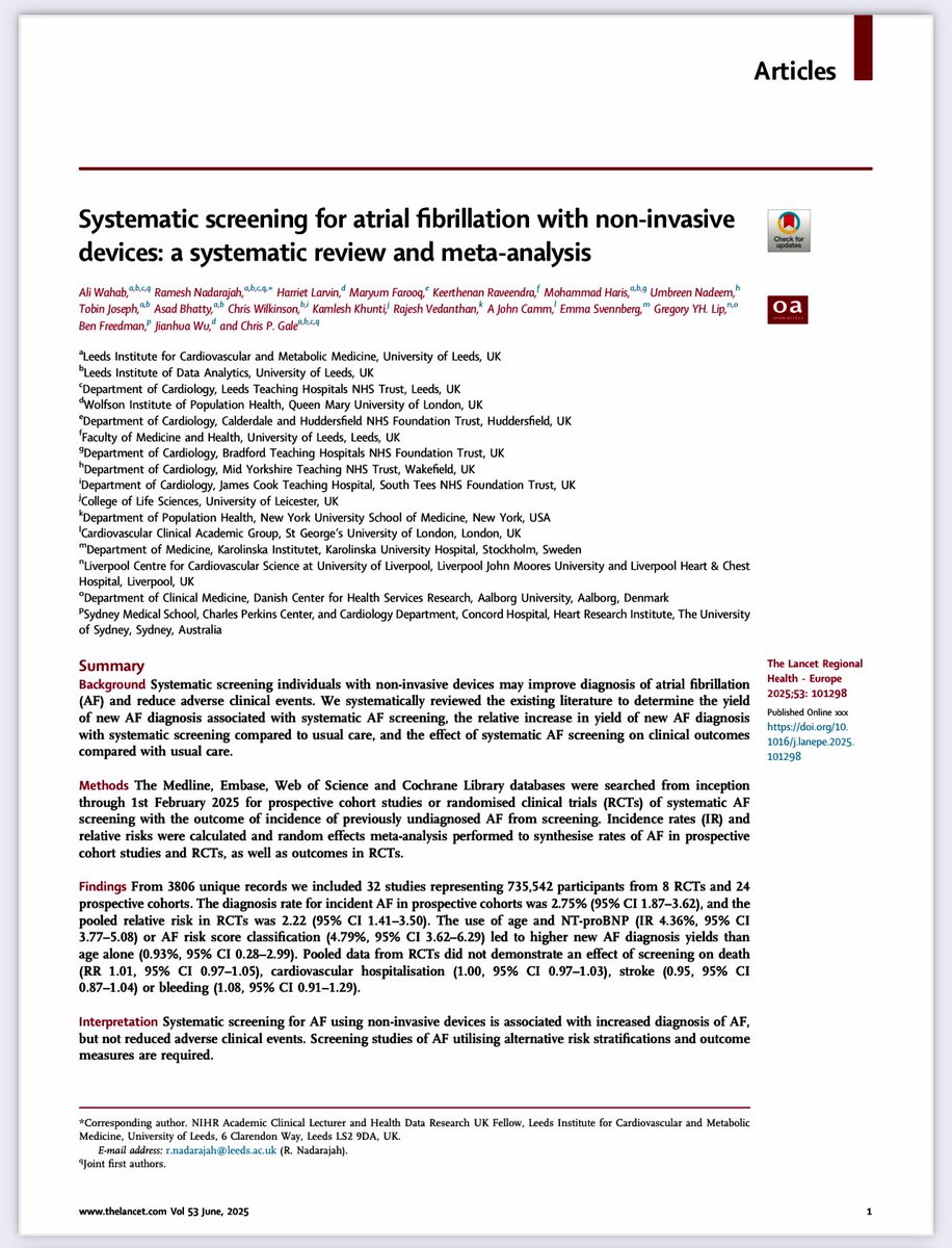 Prof Chris P Gale (@cpgale3) on Twitter photo In our SR & MA of >700,00 individuals screened with non-invasive devices the diagnosis rate for incident #AFib in prospective cohorts was 2.75% & the pooled relative risk in RCTs was 2.22, but screening did not reduce clinical events. <a href="/LancetRH_Europe/">The Lancet Reg Health-Europe</a>
sciencedirect.com/science/articl… In our SR & MA of >700,00 individuals screened with non-invasive devices the diagnosis rate for incident #AFib in prospective cohorts was 2.75% & the pooled relative risk in RCTs was 2.22, but screening did not reduce clinical events. <a href="/LancetRH_Europe/">The Lancet Reg Health-Europe</a>
sciencedirect.com/science/articl…