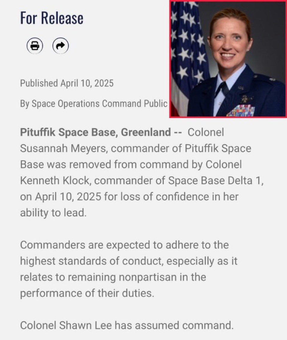 I am sad to hear that Colonel Susan Meyers has been fired as the commander of the American Pituffik (Thule) Space Base in Greenland. 

As chairman of Denmark's defense committee, I arranged a trip to Pituffik in August and we had the pleasure of Colonel Meyers' company. She is a