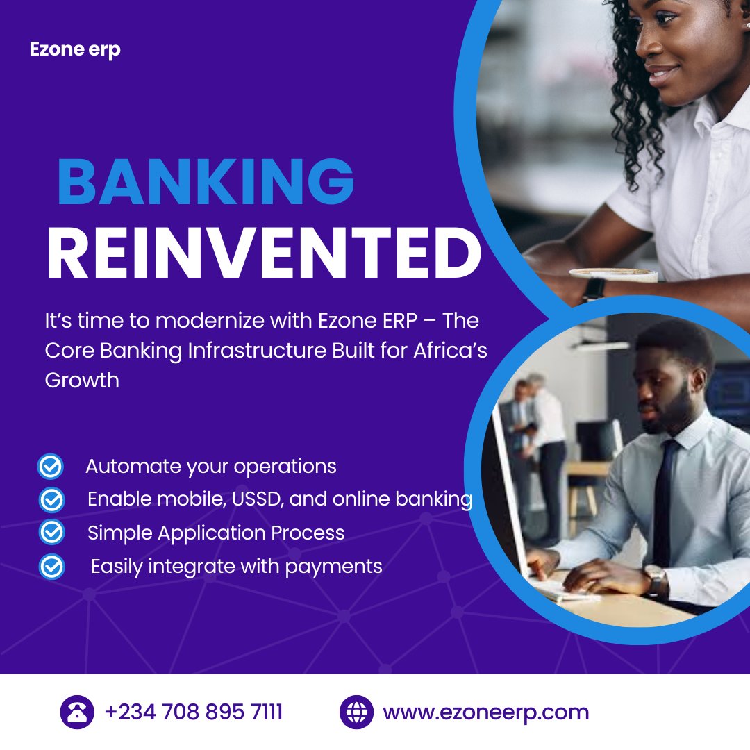 optisoftng's tweet photo. With Ezone ERP, you get a trusted core banking solution that simplifies operations, reduces costs, and scales as you grow.  #SmartBanking #EzoneERP #CoreBanking #DigitalFinance #FintechAfrica #BankingSolutions #CloudBanking #FinancialInclusion #BankingTransformation https://t.co/ug2Izfuwp5