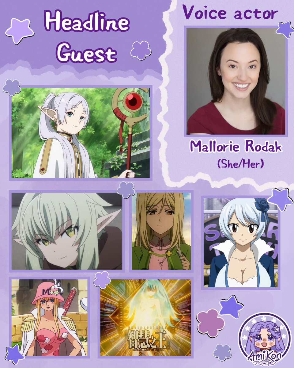 📢Guest Announcement 📢

We are very excited to announce that Mallorie Rodak will be a guest at this year's convention! Mallorie is an American voice actress best known for her role as Frieren in the popular anime series Frieren: Beyond Journey’s End.