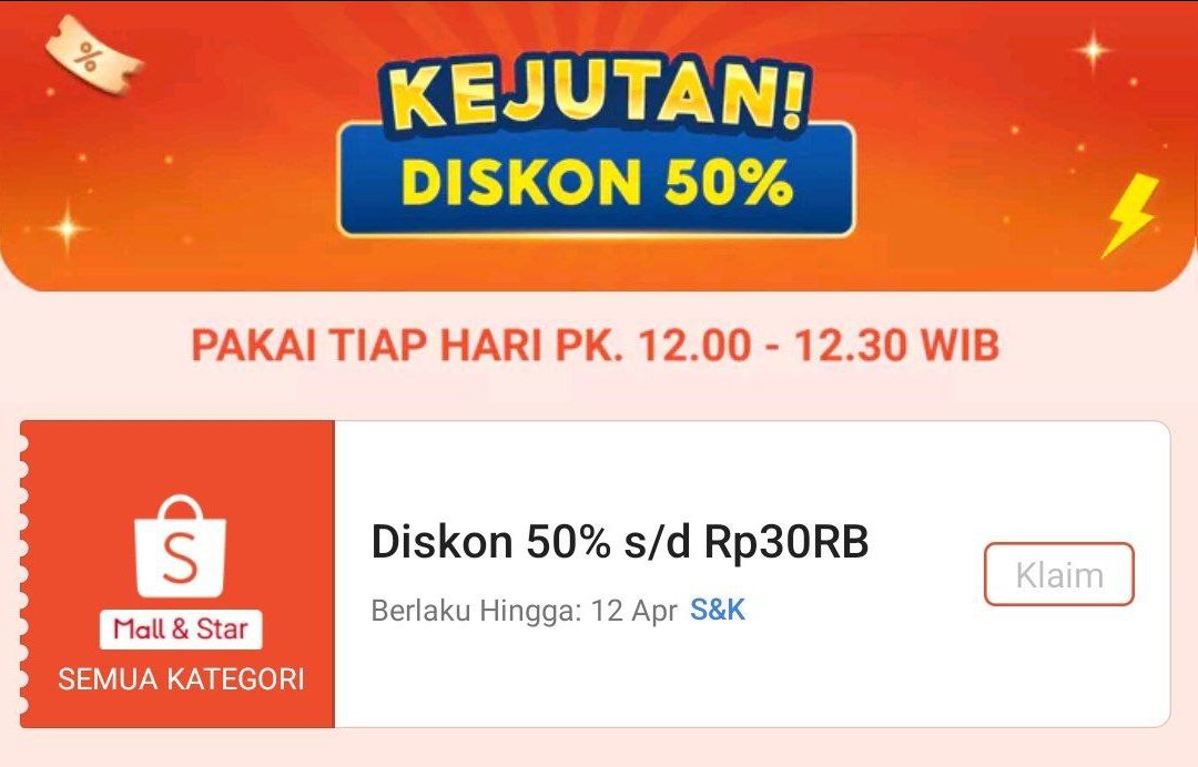 i_m_mortal_'s tweet photo. [Nantikan di jam 12:00]
Voucher Diskon 50% s/d 30k

*Min. transaksi 20k
*Bisa diklaim mulai jam 12:00, tanpa refresh
https://t.co/MUq745tyZh
(Link browser: https://t.co/oCWKjZoexS) https://t.co/wgbf9VRp6E