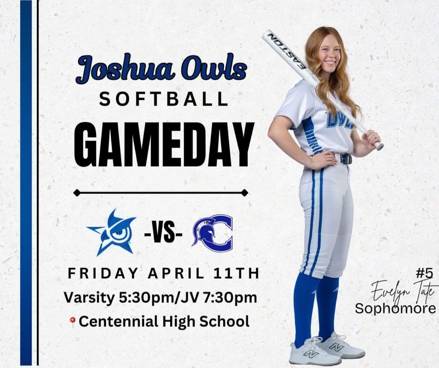 🚨GAME DAY🚨

🥎 Lady Owls Softball 🥎

🆚 Burleson Centennial
📍Burleson Centennial 
🗓️4/11
⌚️ 5:30 and 7
