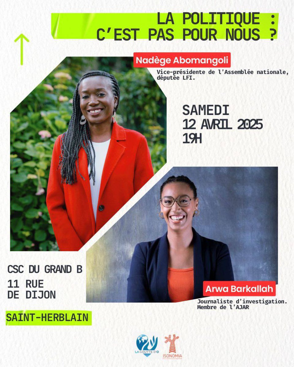 🎙️ LA POLITIQUE : C’EST PAS POUR NOUS ?

Demain, samedi 12 Avril à partir de 19h, je serai à Saint-Herblain pour échanger sur l’inclusion en politique, avec <a href="/isonomia_pure/">isonomia_pure</a>, association luttant contre les inégalités structurelles et <a href="/barkettedelulu/">April O’neil (she/her)🍉</a>, journaliste d’investigation