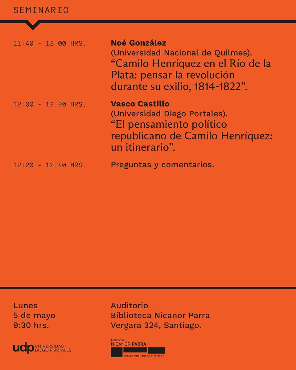 udp_cl's tweet photo. 🗓️El 5 de mayo a las 9:30 se desarrollará el Seminario "A 200 años de Camilo Henríquez" ✍️En la instancia, Cristóbal Marín, prorrector de la UDP, compartirá unas palabras de bienvenida, para luego comenzar con las diferentes exposiciones👇💬

Visita https://t.co/I3ndscT0cF📲
#UDP https://t.co/MqkXu6vFyZ