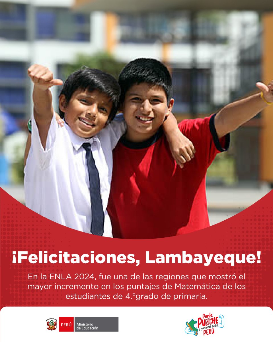 MineduPeru's tweet photo. Felicitamos a los estudiantes de 4.º grado de primaria de la región #Lambayeque, quienes obtuvieron el mayor incremento en su puntaje en Matemática, según los resultados #ENLA 2024. Este logro refleja el compromiso de toda la comunidad educativa. #NDP
https://t.co/BPHYJFaTP6 https://t.co/cH1Oh50nL1