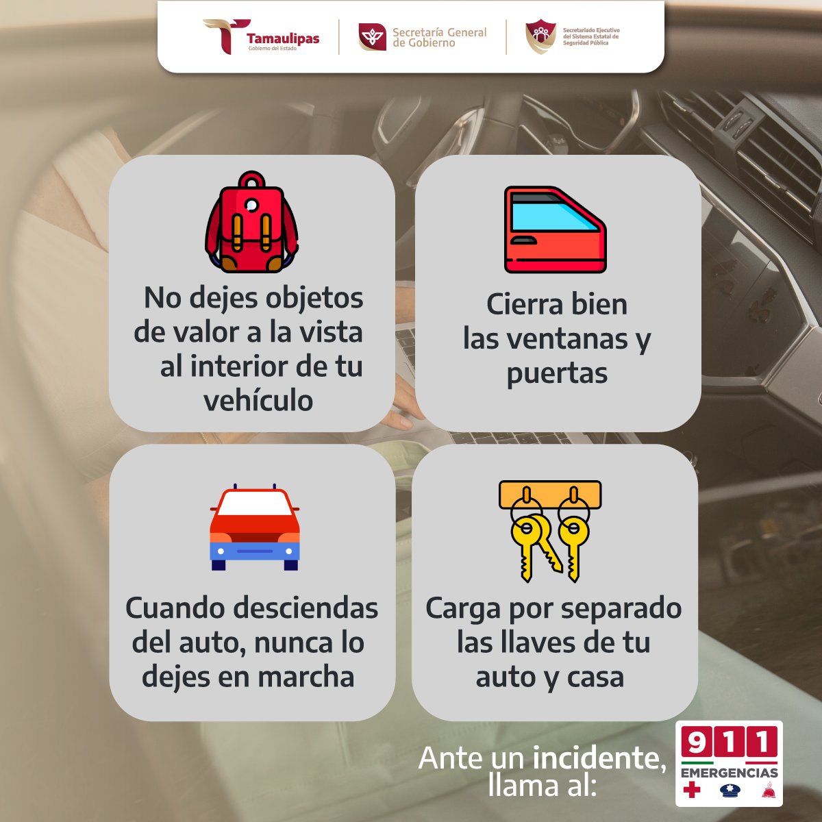 No dejes tus pertenencias visibles. El robo puede ser cuestión de segundos. 👜🚘 

Emergencia real, llamada al 9-1-1. ¡Estamos para ayudarte! 🆘📱