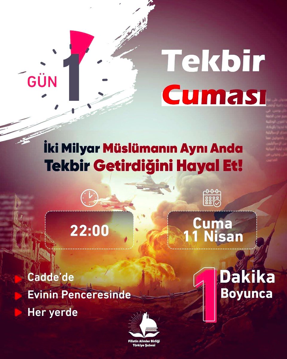 bekiryilmazoglu's tweet photo. Unutmuyoruz! 
Unutturmuyoruz! 
11 Nisan Cuma akşamı saat 22.00'da nerede olursak olalım Gazze ile direniş için TEKBİR GETİRiyoruz!
ALLAHU EKBER! https://t.co/2VrNnGw3Ja