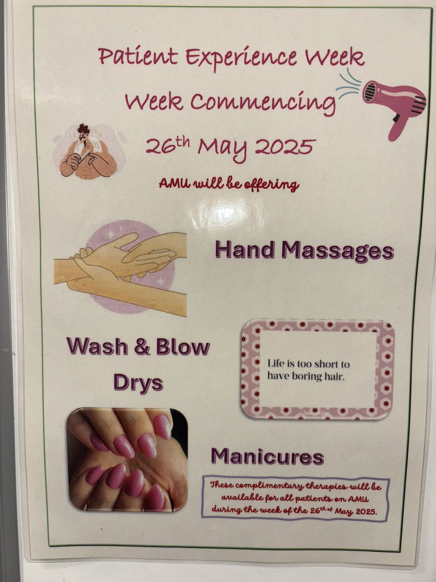 AMUFGHNCA's tweet image. AMU are offering patients hand & foot massages, wash & blow drys and manicures for patient experience week 💅🏼 @TracySh01012017 @TownPamela