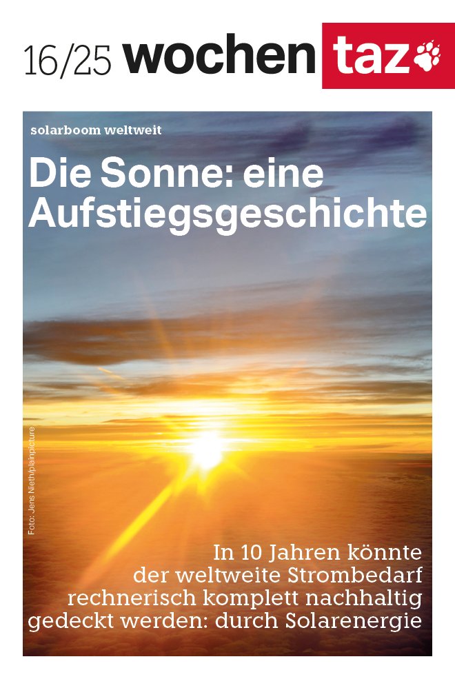 Die Samstag-#tazeins mit einer Analyse von mir zum Boom bei der Solarenergie, inzwischen die billigste Stromquelle in der Menschheitsgeschichte. Wenn sie so weiter wächst, könnte sie bald den Strombedarf der ganzen Welt decken

Beispiele aus Chile, China, Deutschland &amp; Pakistan