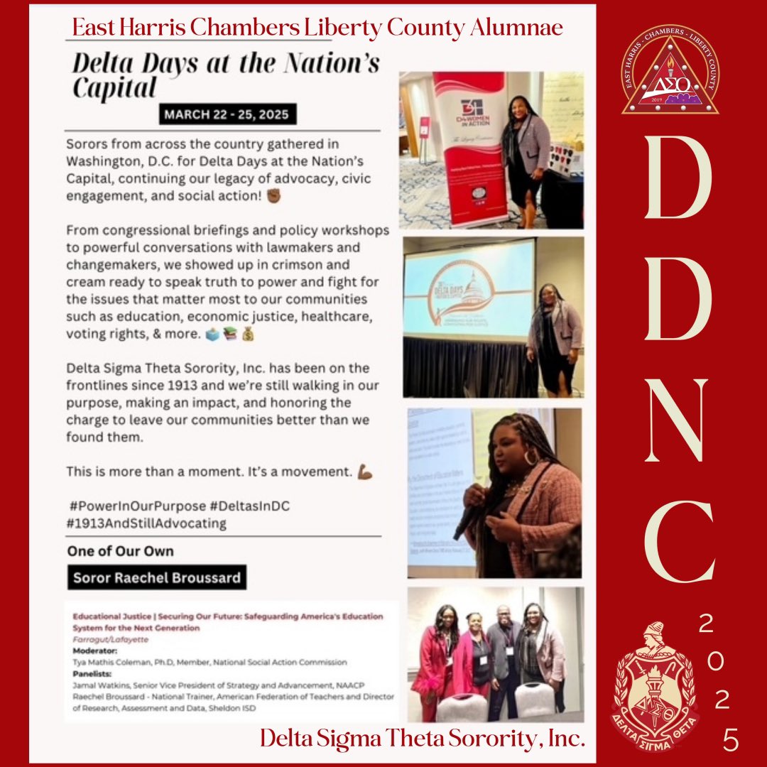 Proud moment at #DDNC2025! Our very own Soror Raechel Broussard served as a panelist on Educational Justice: Securing Our Future, sharing insight on equity in education. Deltas continue to lead, advocate, and inspire! 

#DeltasInDC #SocialActionInAction #DST1913