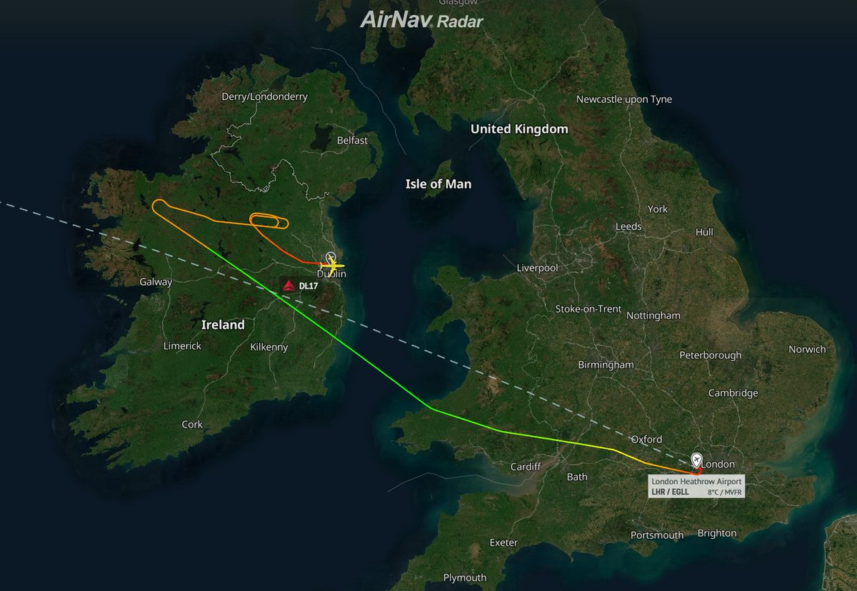 AirNavRadar's tweet photo. This Week: Delta Air Lines flight #DL17 from London Heathrow to Detroit diverted to Dublin due to loss of cabin pressure. 📰

Flight data: 
https://t.co/QXKHum2mvE https://t.co/4qSMWllmY4