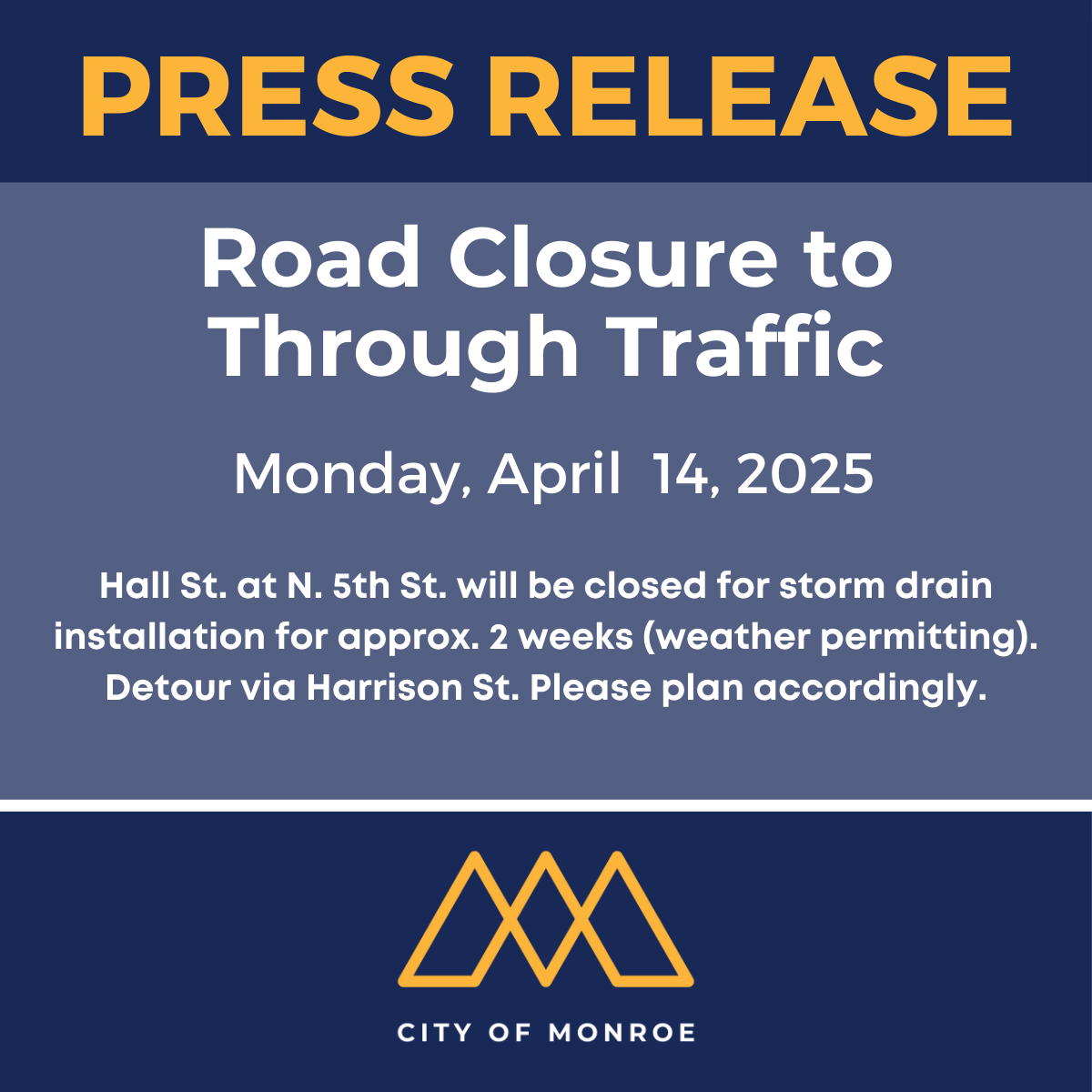 FOR IMMEDIATE RELEASE: Temporary Road Closure – Hall Street

Read the full press release here: bit.ly/3EkCevV