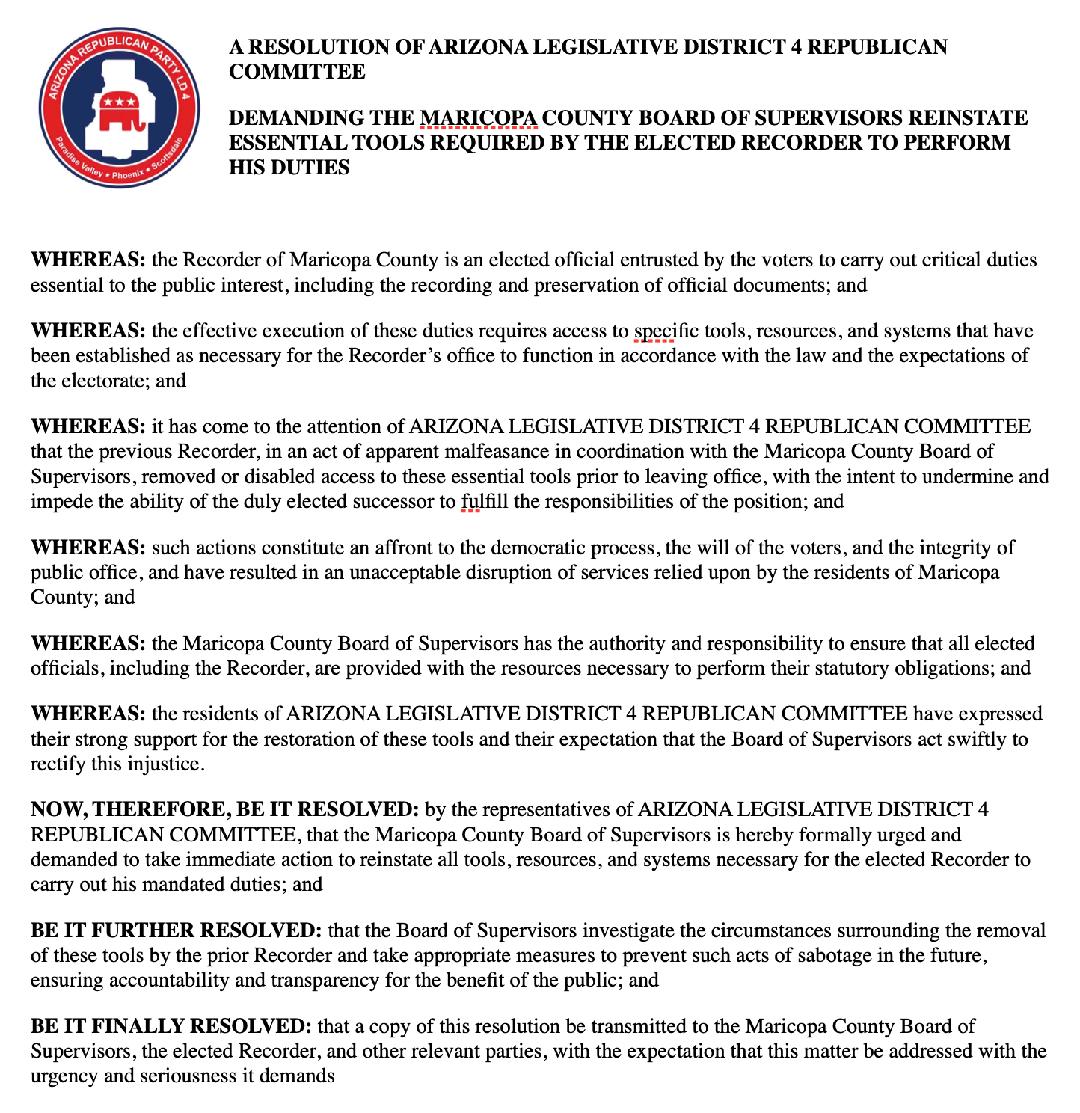 azgop_ld4's tweet photo. LD4 GOP slams Sup. Chair Galvin with unanimous no-confidence vote for gagging the public &amp; botching meetings. Oust him! Restore Recorder Heap’s budget, IT crew, &amp; Shared Services NOW to stop the sabotage and honor voters’ trust! #ElectionIntegrity #MaricopaCounty https://t.co/wBUwGpSMSc