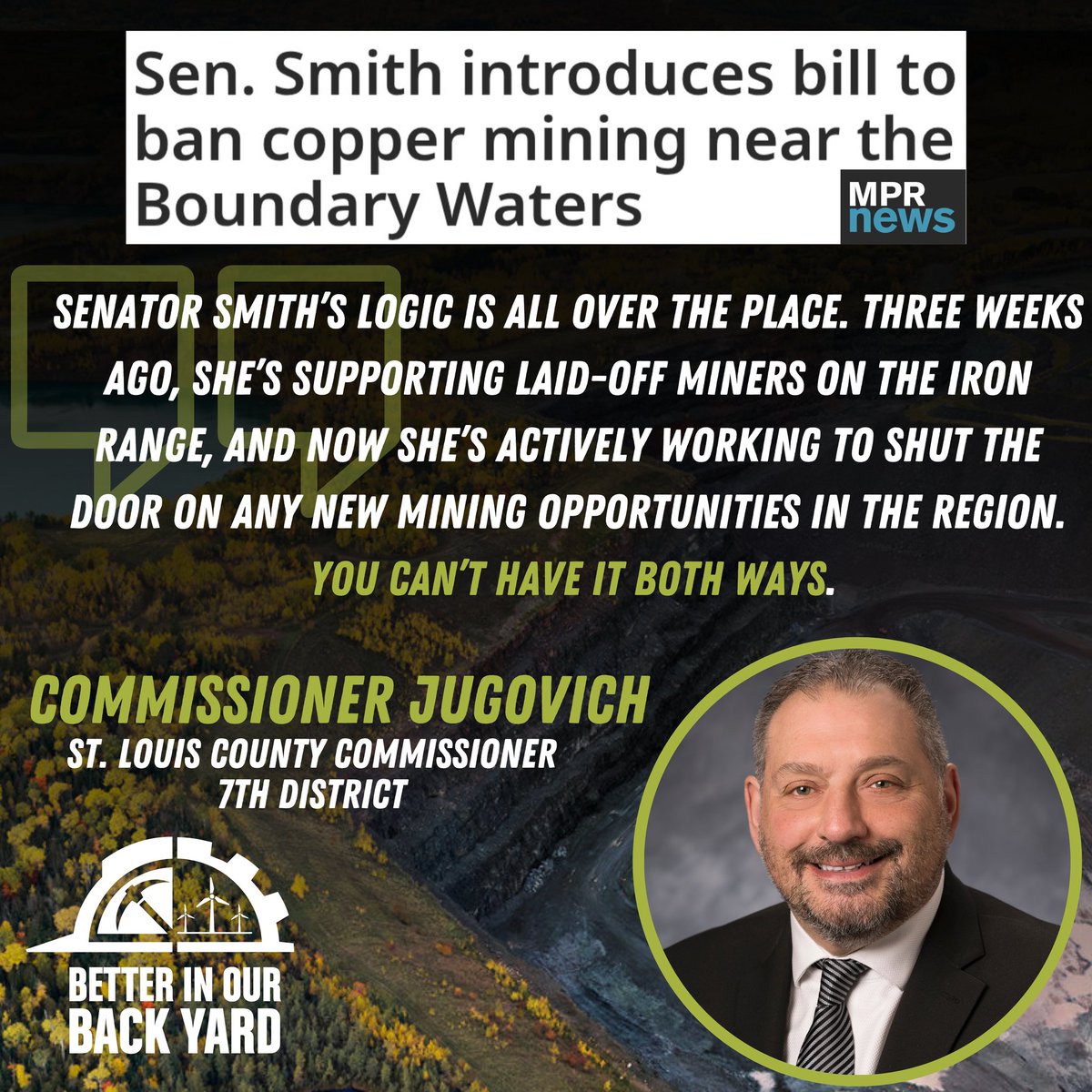 Commissioner Jugovich is exactly correct. You can’t claim to support miners while opposing the very projects that create mining jobs. If Senator Smith truly stands with the Iron Range, she should be backing responsible mining—not blocking it.

<a href="/TinaSmithMN/">Tina Smith</a>
<a href="/TwinMetalsMN/">Twin Metals Minnesota</a>