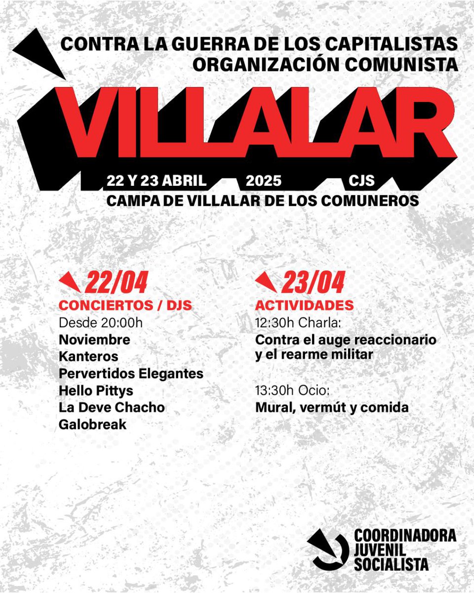 CJS_Burgos's tweet image. Os esperamos de nuevo este 22 y 23 de abril en la campa de Villalar con conciertos, DJ's, charla, mural, vermut y comida durante todo el día.
¡Nos vemos en nuestra carpa!