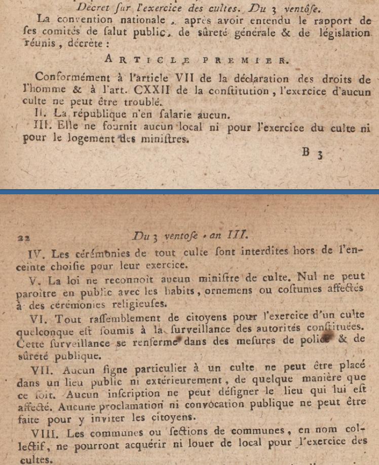 1792_1815's tweet image. 11 avril 1796 Loi du #Directoire qui interdit l’usage des cloches et toute autre espèce de convocation publique pour l’exercice des cultes. Cette loi complète le décret du 21 février 1795 (3 ventôse an III) sur l’exercice des cultes.