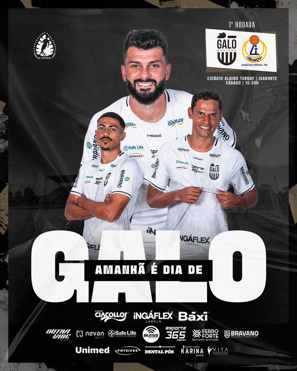ogalomaringa's tweet photo. AMANHÃ É O DIA! 💪🏽

Estreia do Galo Maringá na Divisão de Acesso!

🆚 Iguaçu
🏟️ Albino Turbay, Cianorte
🕞 15h30
🎟️ Inteira (R$20) | Meia (R$10) com 1kg de alimento ou ração!

Garanta já sua presença 👉🏼 https://t.co/KA8qruSMGc

Vamos subir, Galo! 🐓

#GaloMaringá #VamosSubirGalo https://t.co/A2CJX5d8hJ