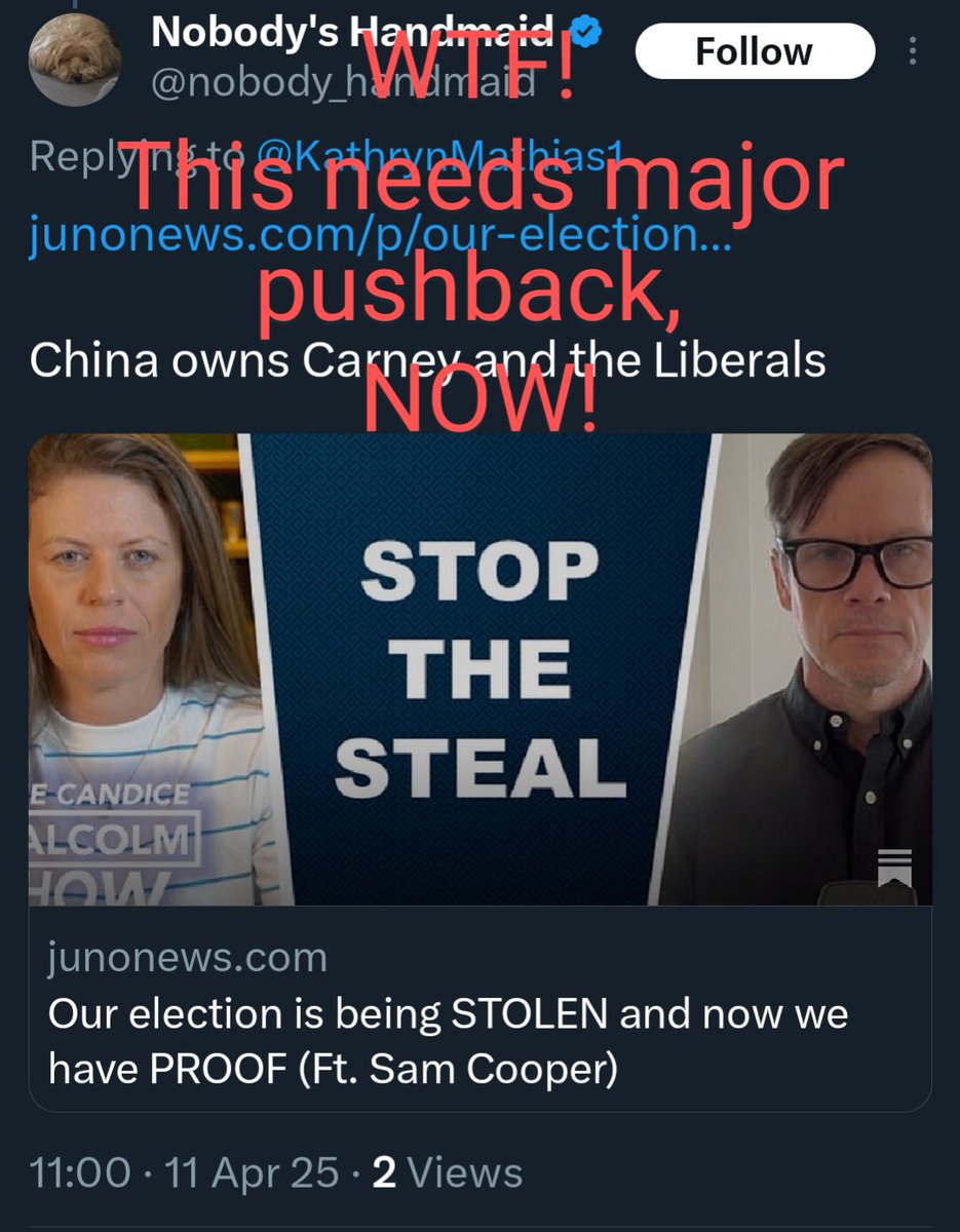 Kathryn Mathias (@kathrynmathias1) on Twitter photo This is a screenshot of a response to my post about the G&M article. This is wrong. <a href="/csiscanada/">CSIS Canada</a> <a href="/ElectionsCan_E/">Elections Canada</a> <a href="/CanadianPM/">Prime Minister of Canada</a> please take note. (I'll look into other ways to contact you as well. Also, the red text is my addition) This is a screenshot of a response to my post about the G&M article. This is wrong. <a href="/csiscanada/">CSIS Canada</a> <a href="/ElectionsCan_E/">Elections Canada</a> <a href="/CanadianPM/">Prime Minister of Canada</a> please take note. (I'll look into other ways to contact you as well. Also, the red text is my addition)