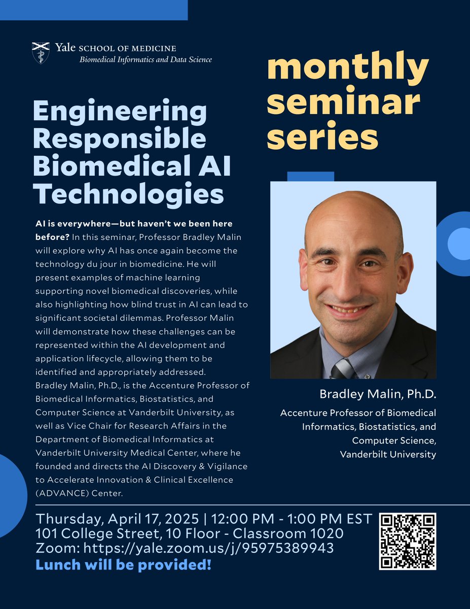Yale Biomedical Informatics & Data Science (@yalebids) on Twitter photo Join us for BIDS Monthly Seminar Series: "Engineering Responsible Biomedical AI Technologies" featuring Dr. Bradley Malin from <a href="/VanderbiltU/">Vanderbilt University</a> on Apr. 17 from 12-1 PM (EST). Learn more: medicine.yale.edu/event/bids-mon… Join us for BIDS Monthly Seminar Series: "Engineering Responsible Biomedical AI Technologies" featuring Dr. Bradley Malin from <a href="/VanderbiltU/">Vanderbilt University</a> on Apr. 17 from 12-1 PM (EST). Learn more: medicine.yale.edu/event/bids-mon…